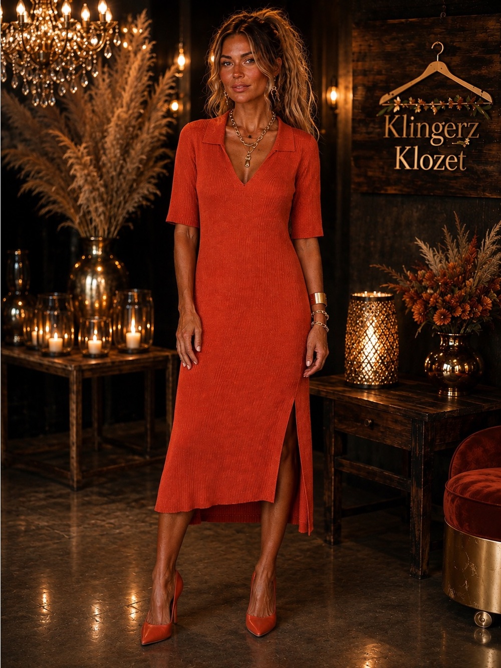 Biana elegant Women's Orange Midi sweater  Dress MSRP $419